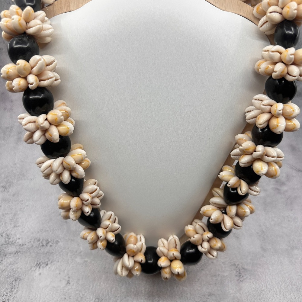 Cowrie Shell Cluster Black Bead Necklace Chunky Boho Coastal Statement Vintage